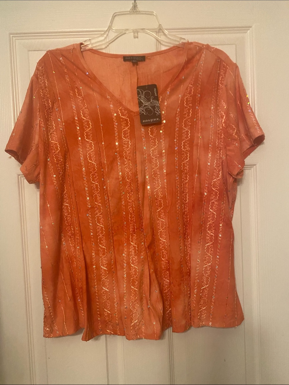 Ava & Grace Shimmery Orange V-Neck Short Sleeve Blouse